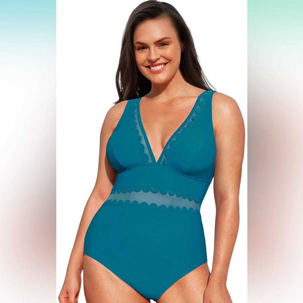 NWT Cupshe 1x Teal Scalloped Swimsuit
